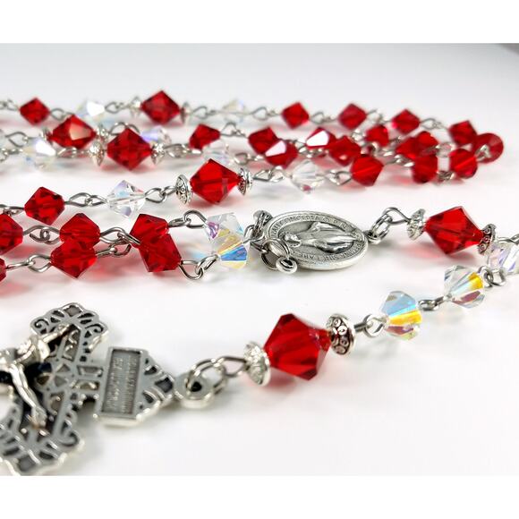 Vintage Red Clear Crystal Rosary, Pardon Crucifix, Hand Wire Wrapped - Picture 10 of 10